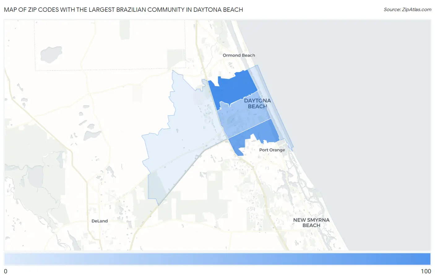 Zip Codes with the Largest Brazilian Community in Daytona Beach Map