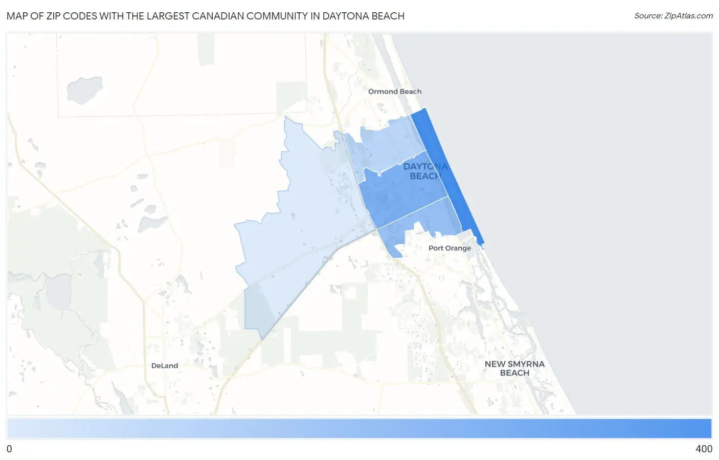 Zip Codes with the Largest Canadian Community in Daytona Beach Map