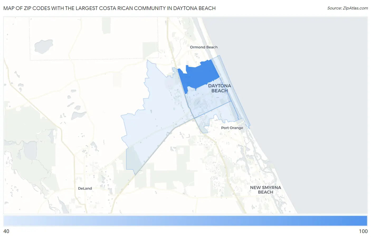 Zip Codes with the Largest Costa Rican Community in Daytona Beach Map