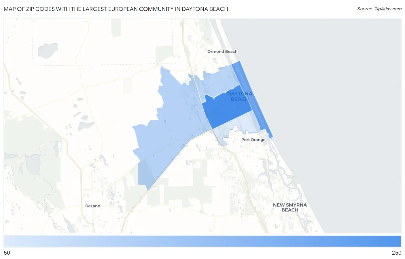 Zip Codes with the Largest European Community in Daytona Beach Map