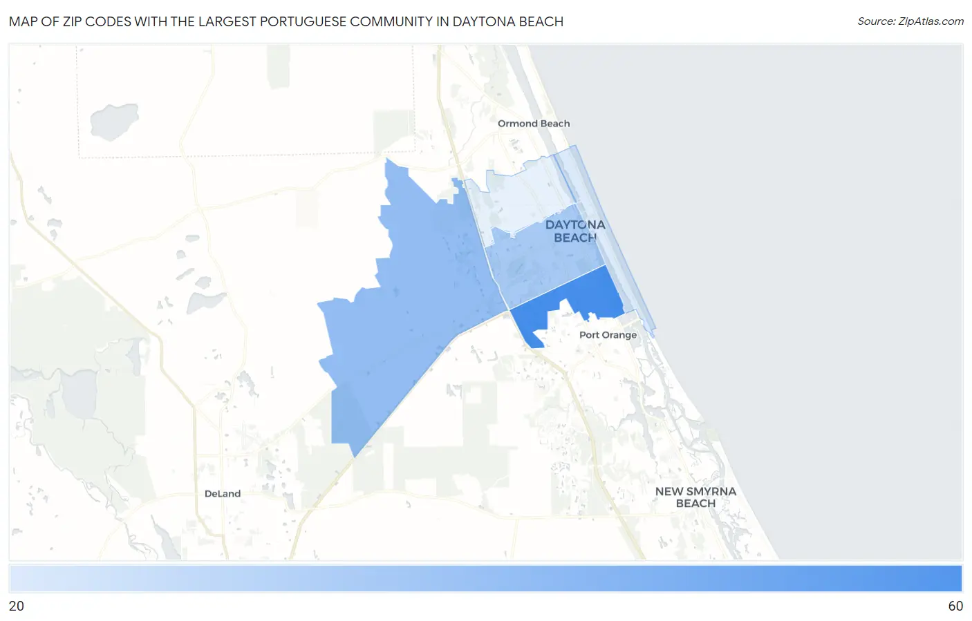 Zip Codes with the Largest Portuguese Community in Daytona Beach Map