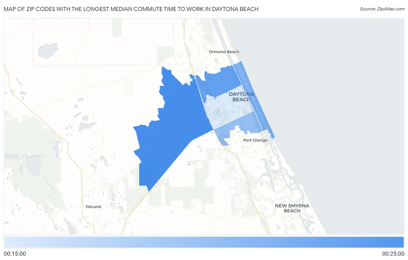 Zip Codes with the Longest Median Commute Time to Work in Daytona Beach Map