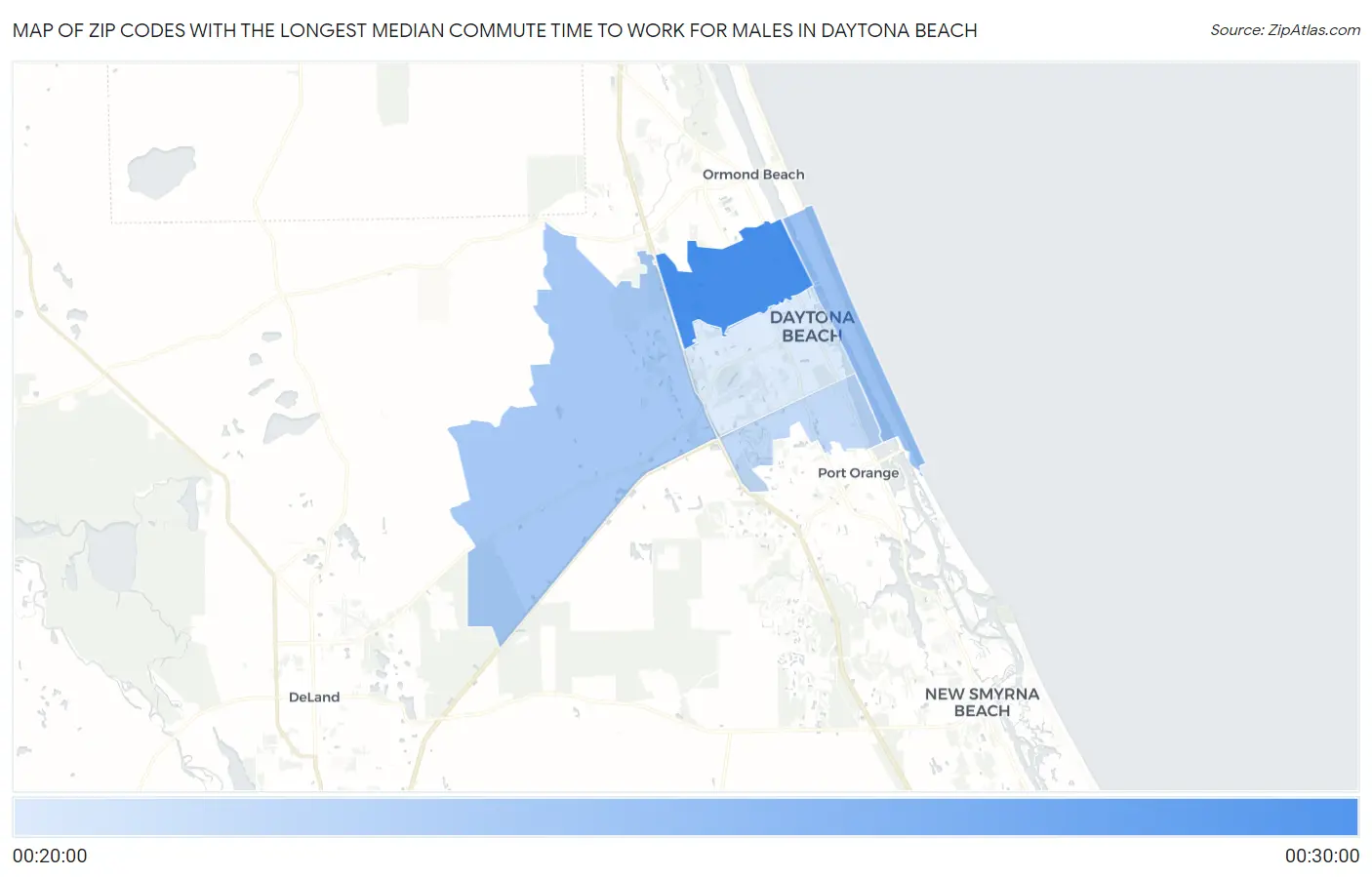 Zip Codes with the Longest Median Commute Time to Work for Males in Daytona Beach Map
