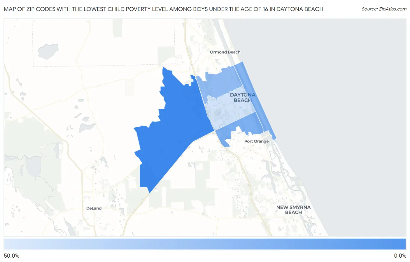 Zip Codes with the Lowest Child Poverty Level Among Boys Under the Age of 16 in Daytona Beach Map