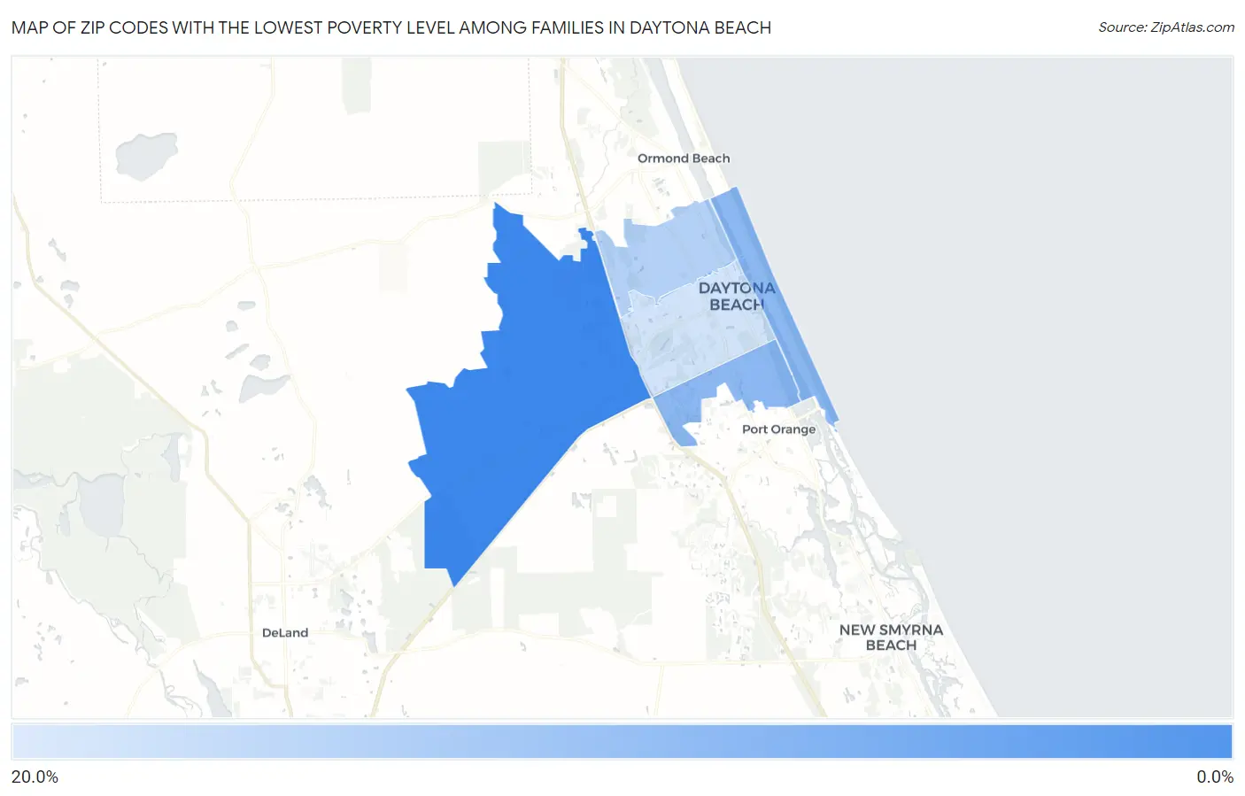 Zip Codes with the Lowest Poverty Level Among Families in Daytona Beach Map