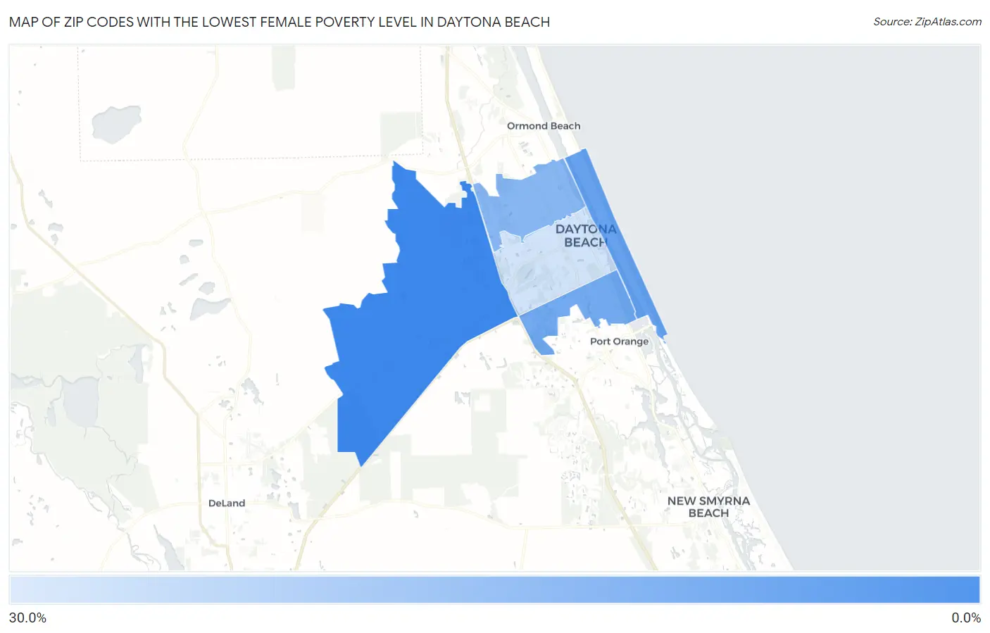 Zip Codes with the Lowest Female Poverty Level in Daytona Beach Map