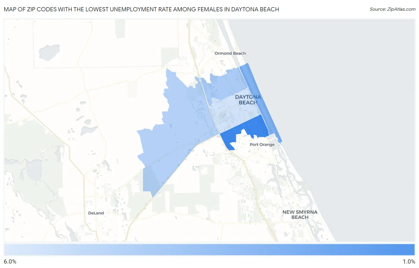 Zip Codes with the Lowest Unemployment Rate Among Females in Daytona Beach Map