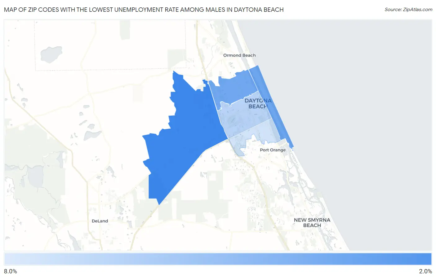 Zip Codes with the Lowest Unemployment Rate Among Males in Daytona Beach Map