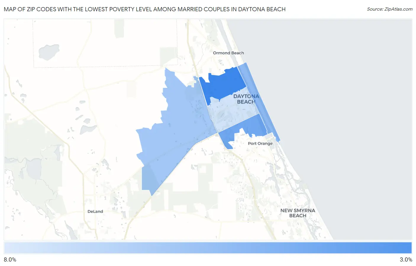 Zip Codes with the Lowest Poverty Level Among Married Couples in Daytona Beach Map