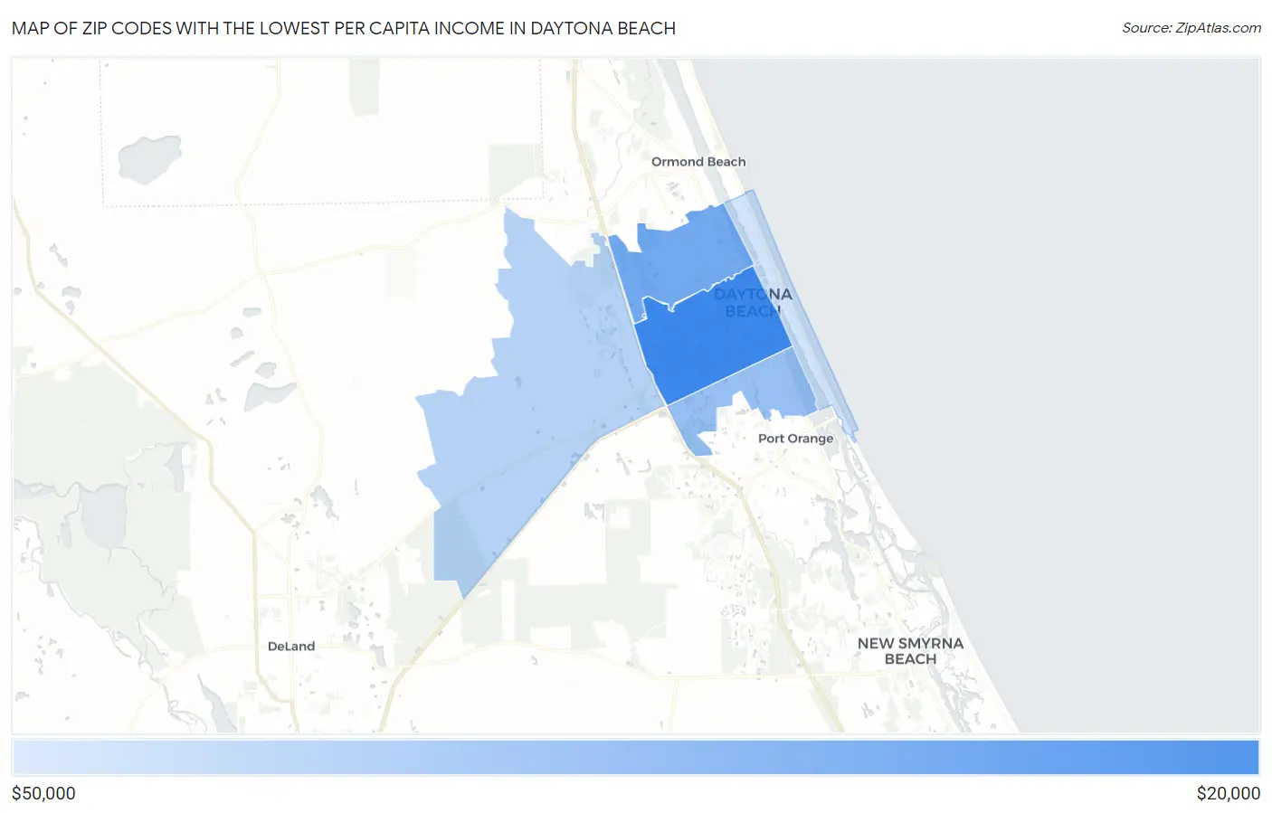 Zip Codes with the Lowest Per Capita Income in Daytona Beach Map