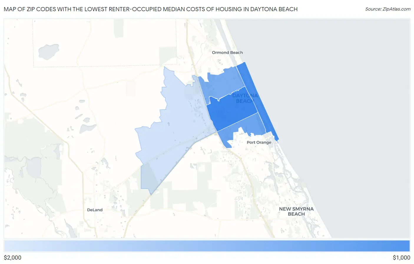 Zip Codes with the Lowest Renter-Occupied Median Costs of Housing in Daytona Beach Map