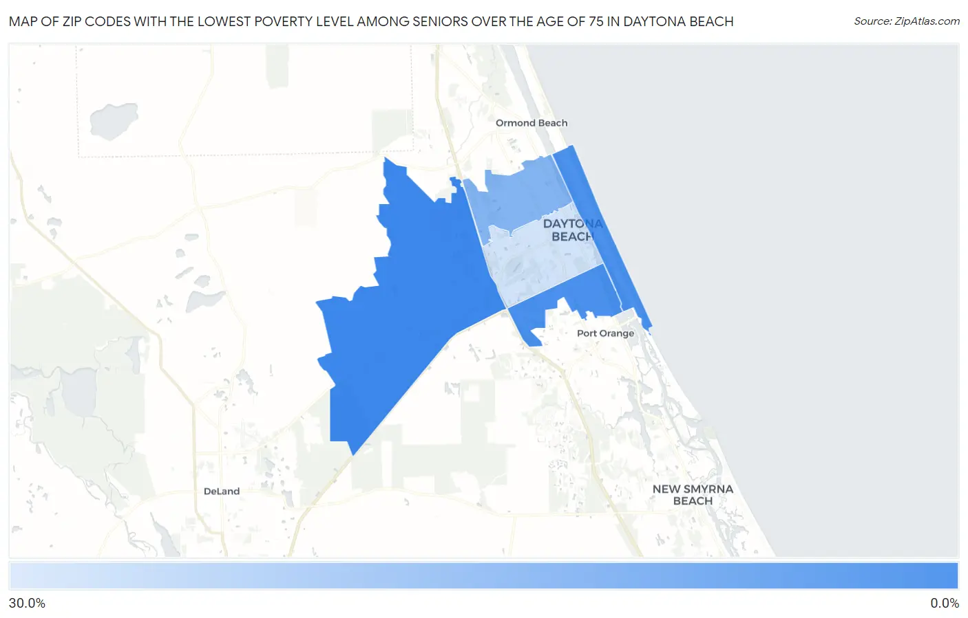 Zip Codes with the Lowest Poverty Level Among Seniors Over the Age of 75 in Daytona Beach Map