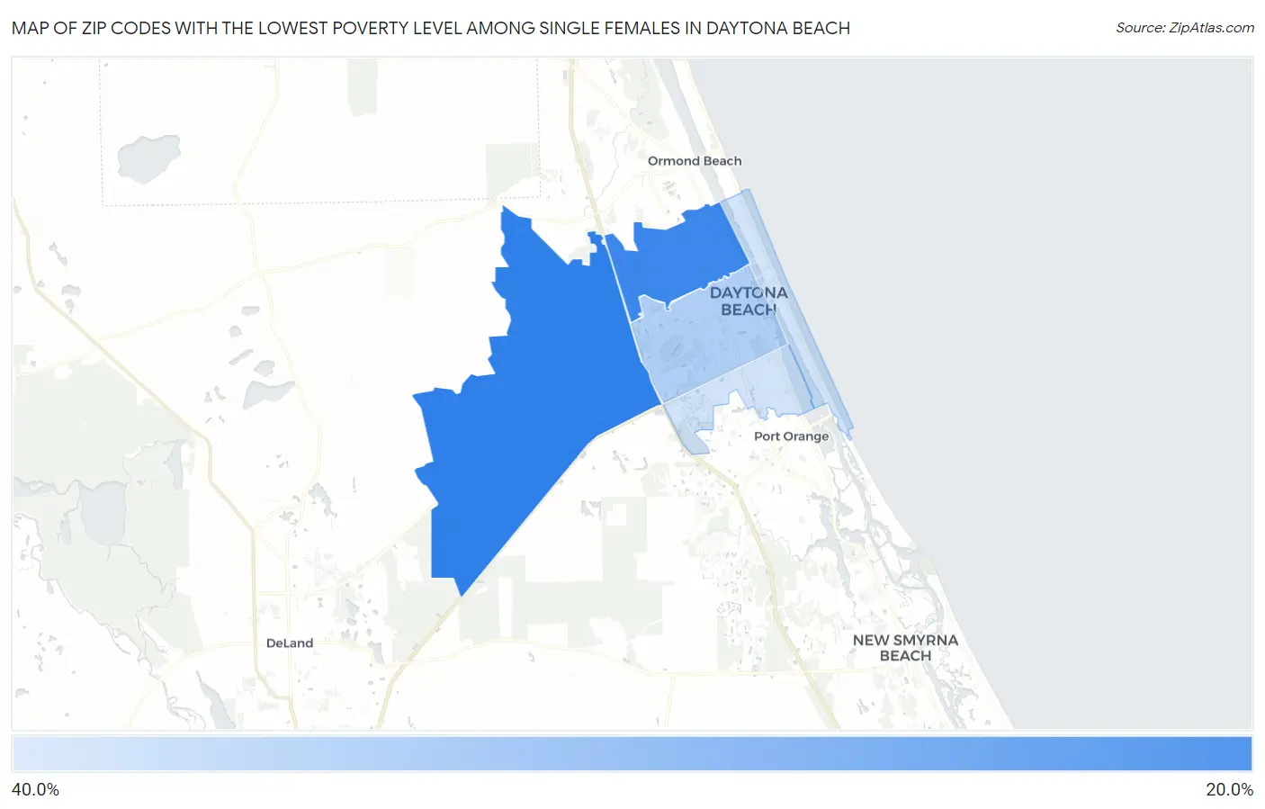 Zip Codes with the Lowest Poverty Level Among Single Females in Daytona Beach Map