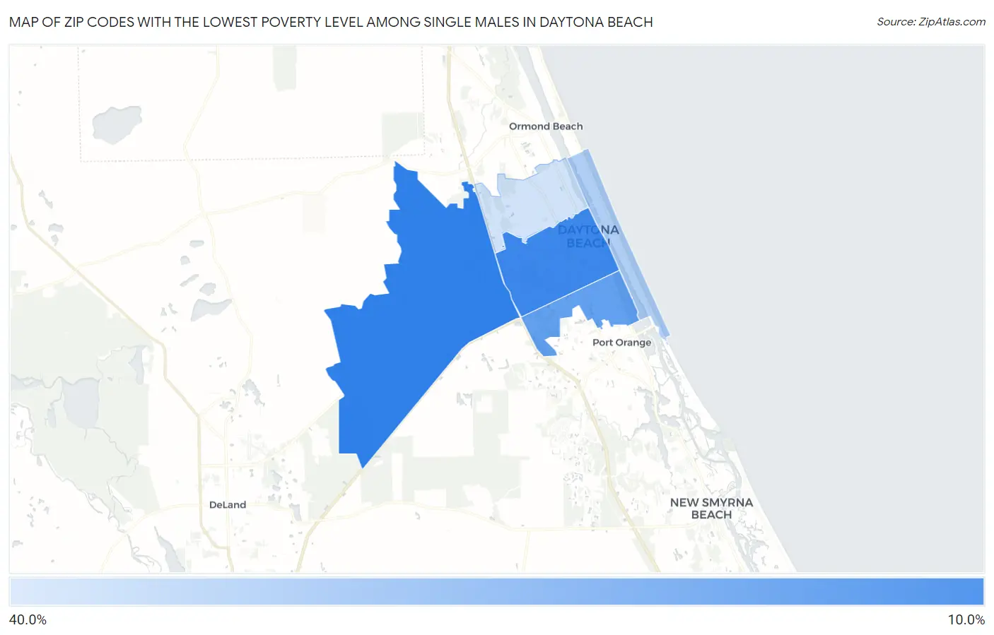 Zip Codes with the Lowest Poverty Level Among Single Males in Daytona Beach Map