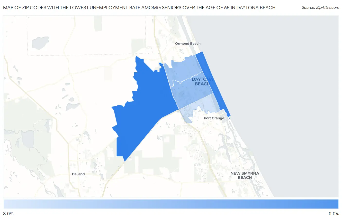Zip Codes with the Lowest Unemployment Rate Amomg Seniors Over the Age of 65 in Daytona Beach Map
