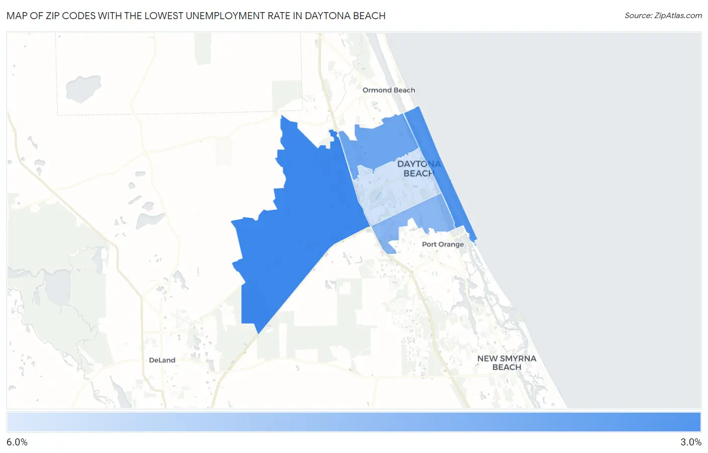 Zip Codes with the Lowest Unemployment Rate in Daytona Beach Map