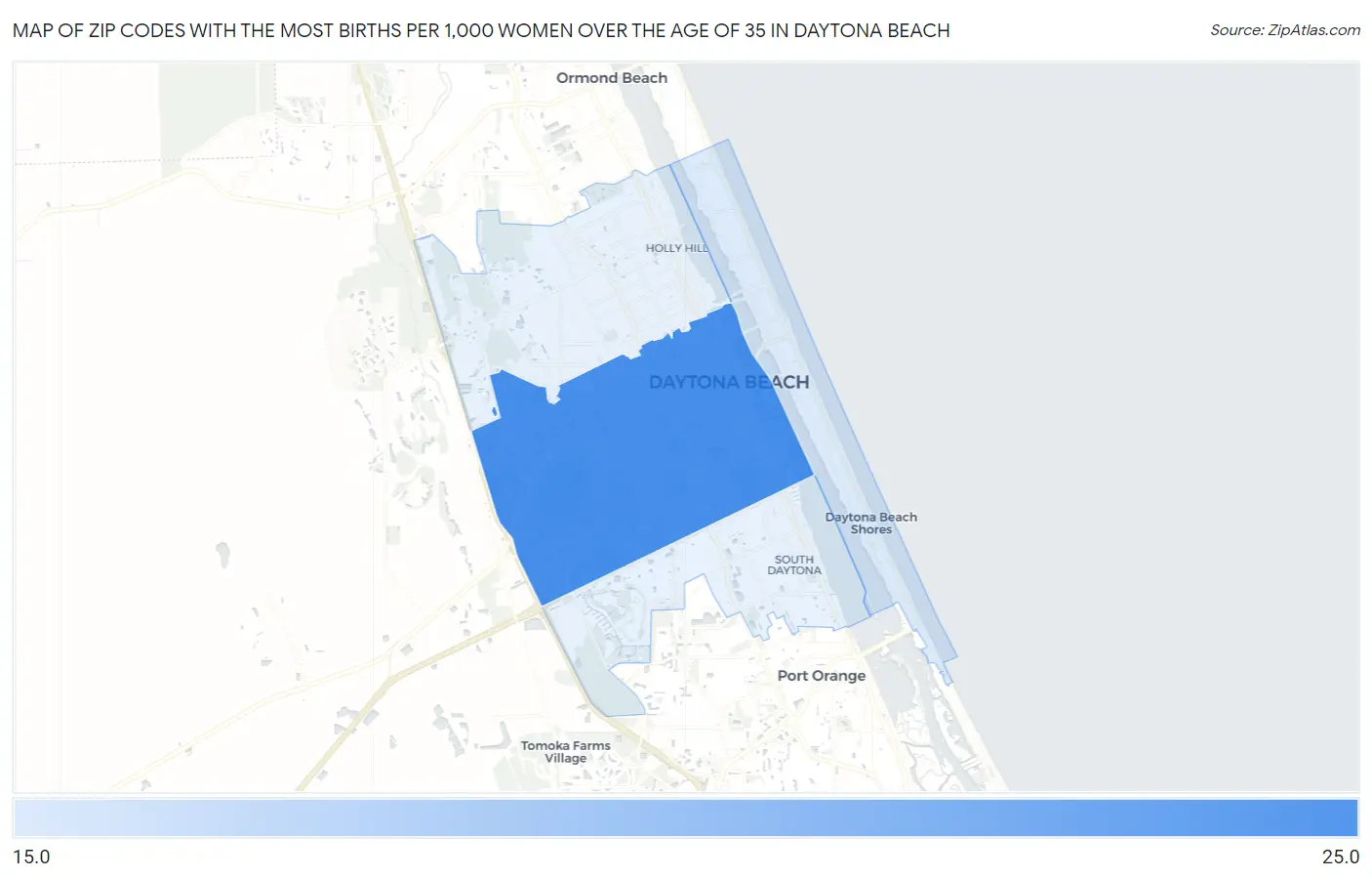 Zip Codes with the Most Births per 1,000 Women Over the Age of 35 in Daytona Beach Map