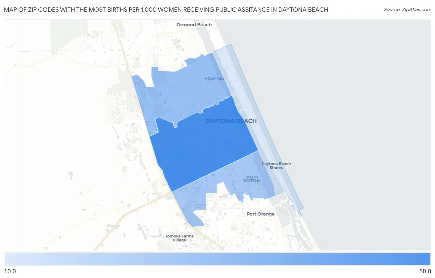 Zip Codes with the Most Births per 1,000 Women Receiving Public Assitance in Daytona Beach Map