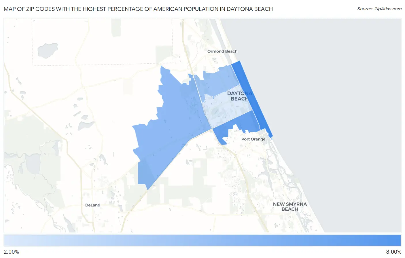 Zip Codes with the Highest Percentage of American Population in Daytona Beach Map