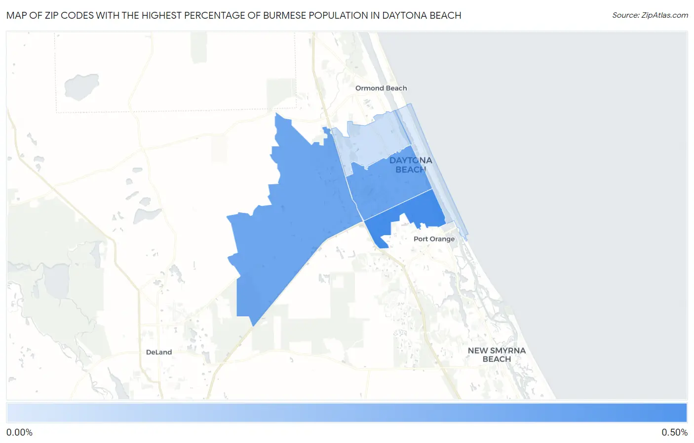 Zip Codes with the Highest Percentage of Burmese Population in Daytona Beach Map