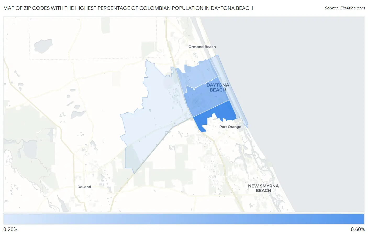 Zip Codes with the Highest Percentage of Colombian Population in Daytona Beach Map