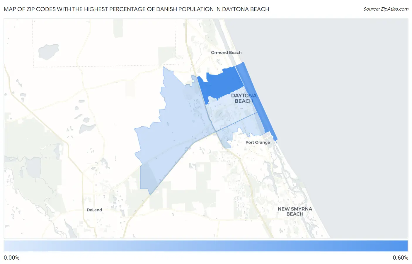 Zip Codes with the Highest Percentage of Danish Population in Daytona Beach Map