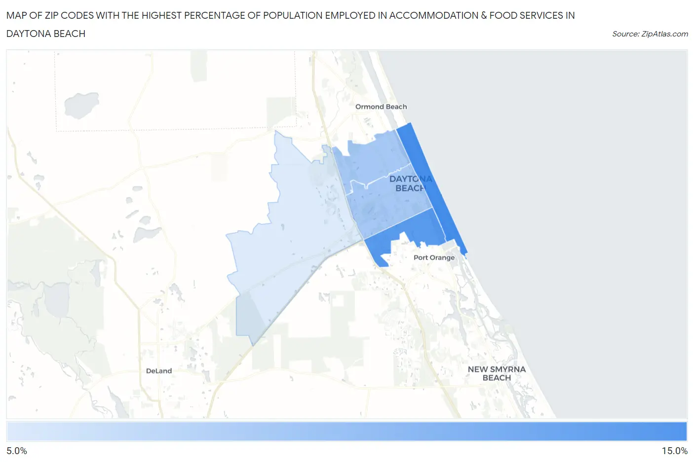 Zip Codes with the Highest Percentage of Population Employed in Accommodation & Food Services in Daytona Beach Map