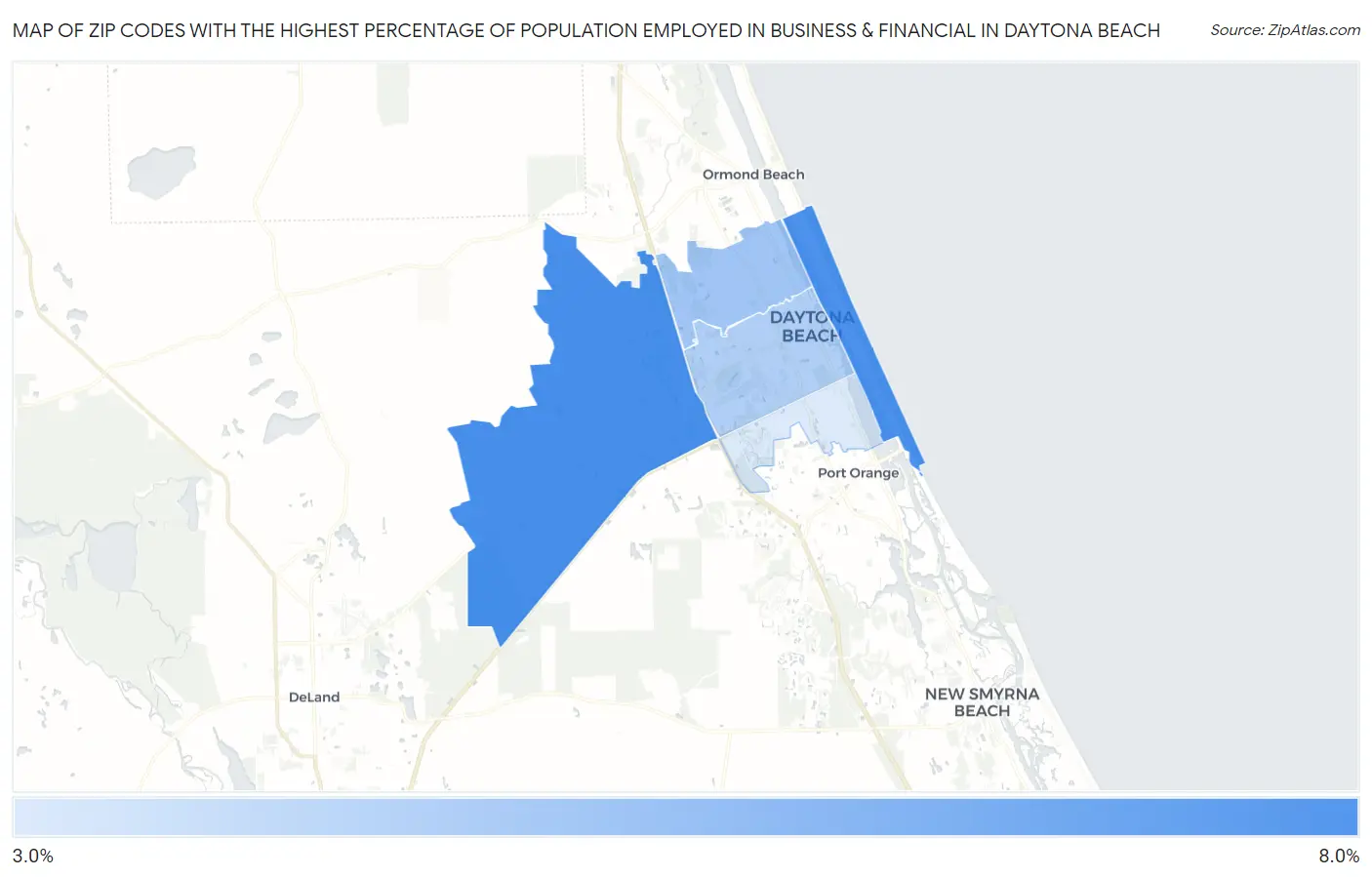 Zip Codes with the Highest Percentage of Population Employed in Business & Financial in Daytona Beach Map