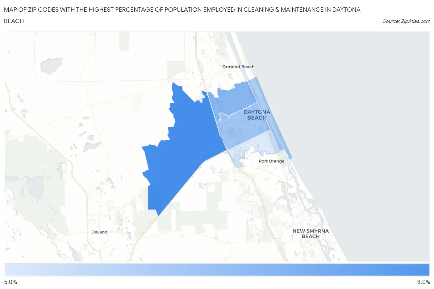 Zip Codes with the Highest Percentage of Population Employed in Cleaning & Maintenance in Daytona Beach Map