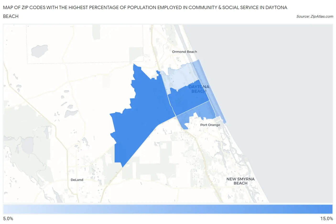 Zip Codes with the Highest Percentage of Population Employed in Community & Social Service  in Daytona Beach Map