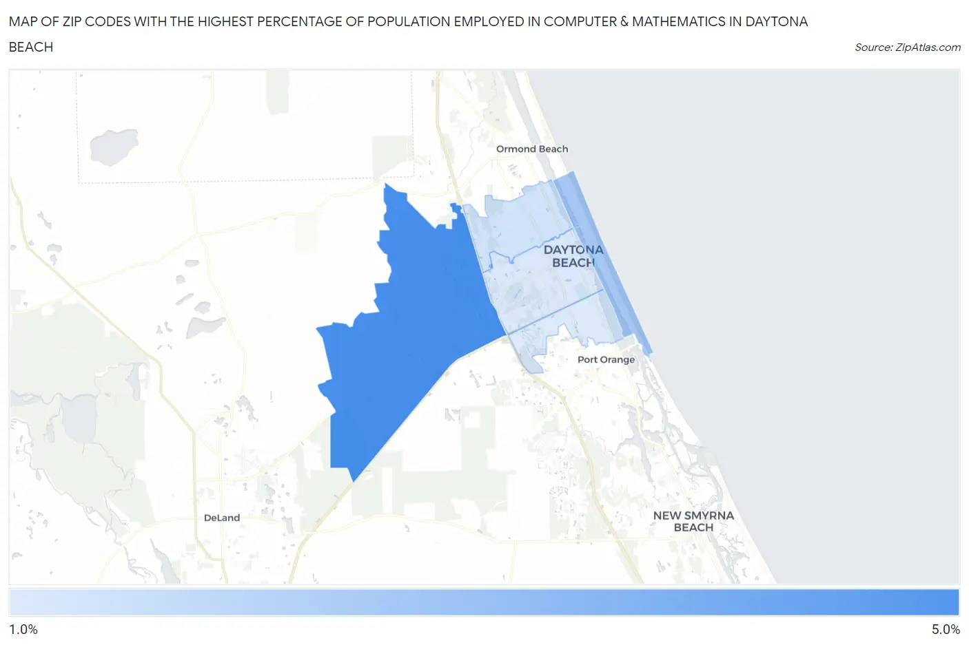 Zip Codes with the Highest Percentage of Population Employed in Computer & Mathematics in Daytona Beach Map