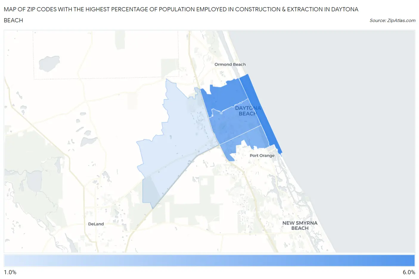 Zip Codes with the Highest Percentage of Population Employed in Construction & Extraction in Daytona Beach Map