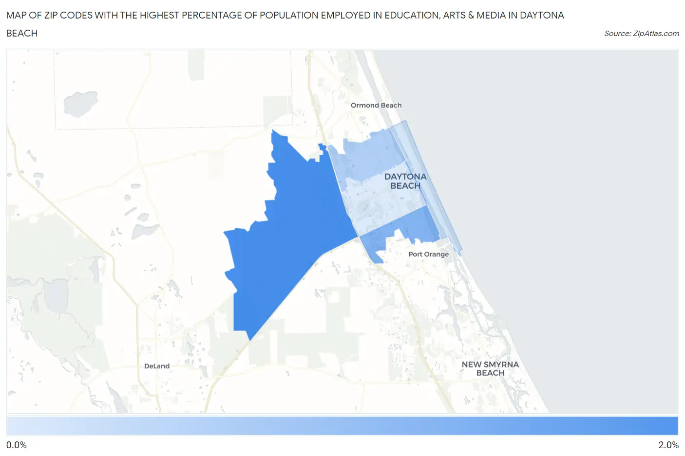 Zip Codes with the Highest Percentage of Population Employed in Education, Arts & Media in Daytona Beach Map