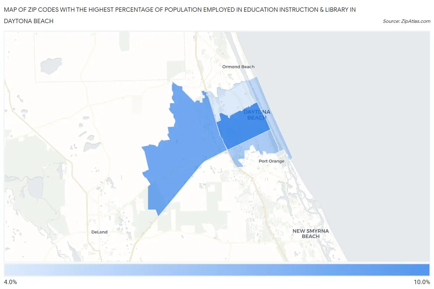 Zip Codes with the Highest Percentage of Population Employed in Education Instruction & Library in Daytona Beach Map