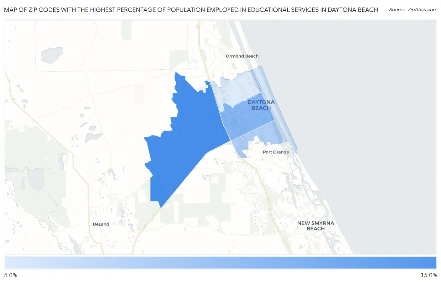 Zip Codes with the Highest Percentage of Population Employed in Educational Services in Daytona Beach Map