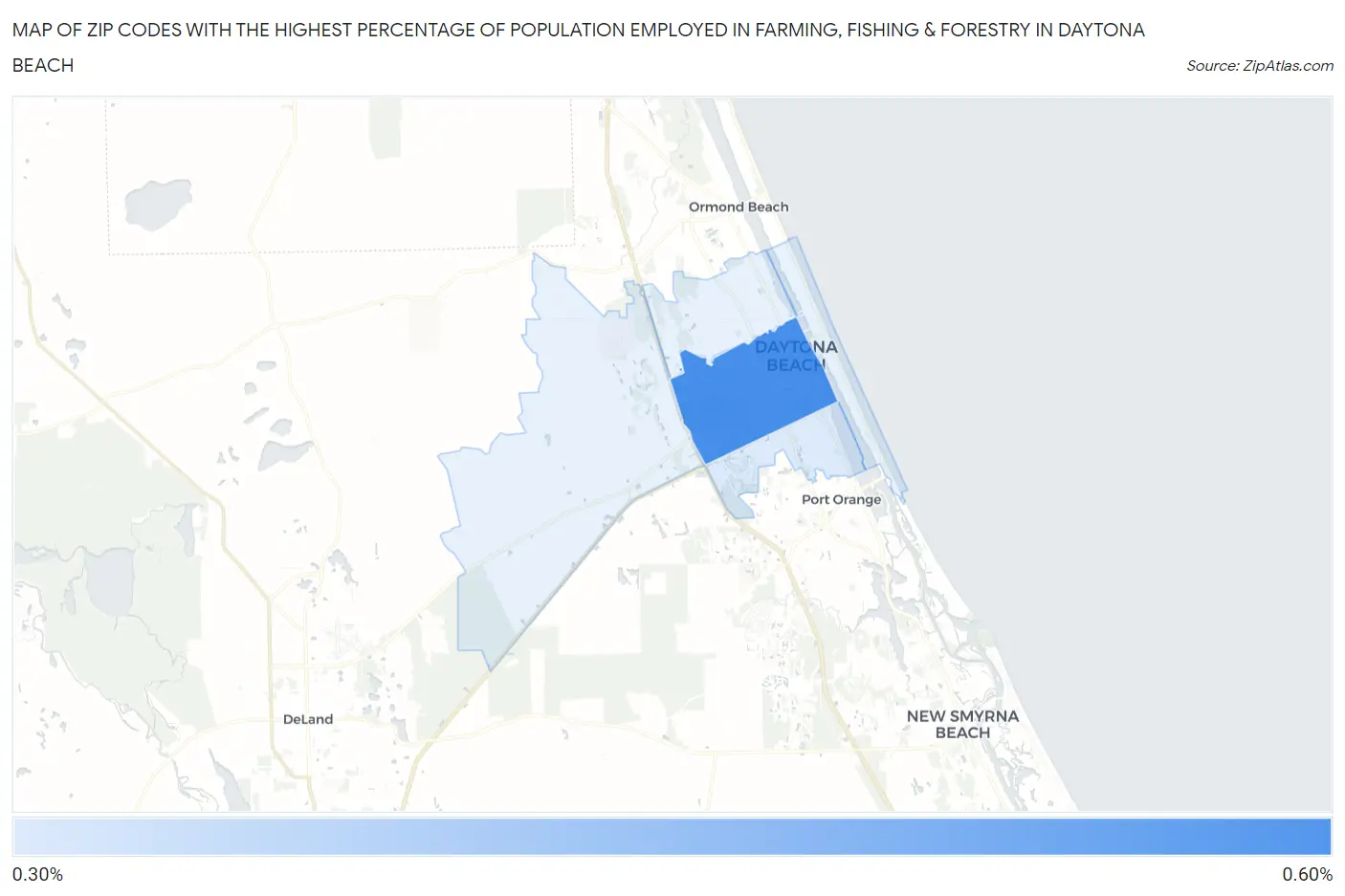 Zip Codes with the Highest Percentage of Population Employed in Farming, Fishing & Forestry in Daytona Beach Map