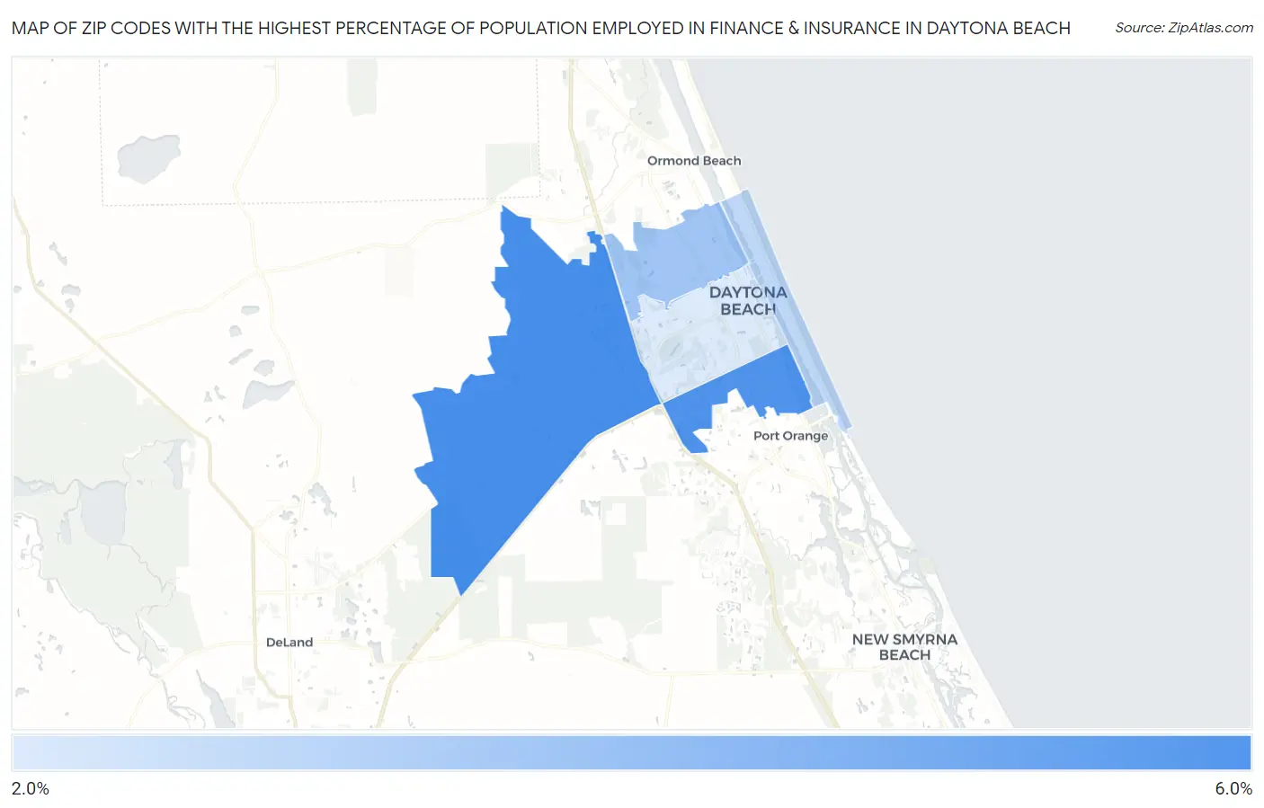 Zip Codes with the Highest Percentage of Population Employed in Finance & Insurance in Daytona Beach Map