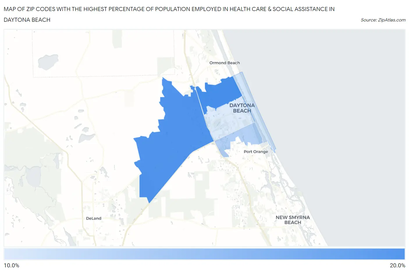 Zip Codes with the Highest Percentage of Population Employed in Health Care & Social Assistance in Daytona Beach Map