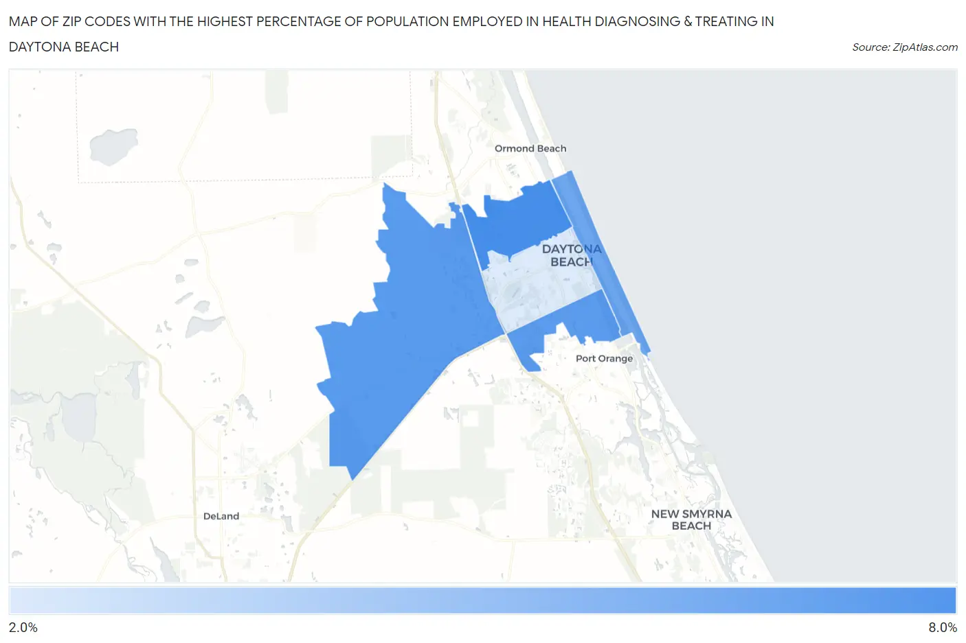 Zip Codes with the Highest Percentage of Population Employed in Health Diagnosing & Treating in Daytona Beach Map