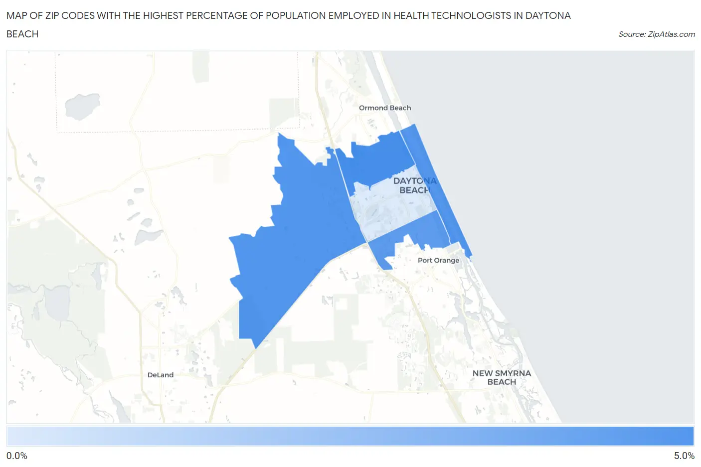 Zip Codes with the Highest Percentage of Population Employed in Health Technologists in Daytona Beach Map