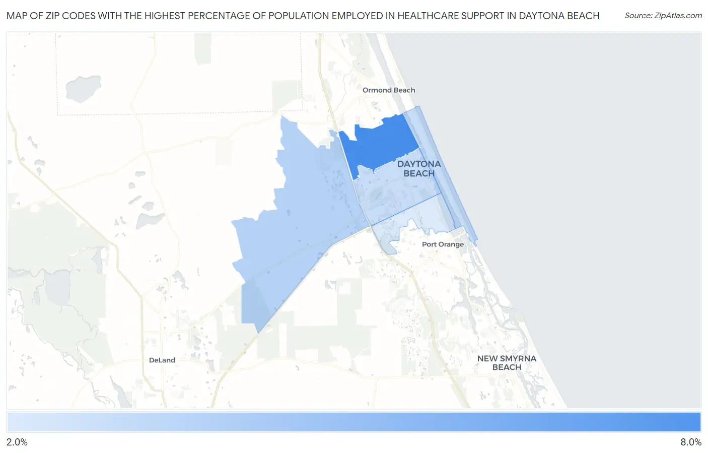 Zip Codes with the Highest Percentage of Population Employed in Healthcare Support in Daytona Beach Map