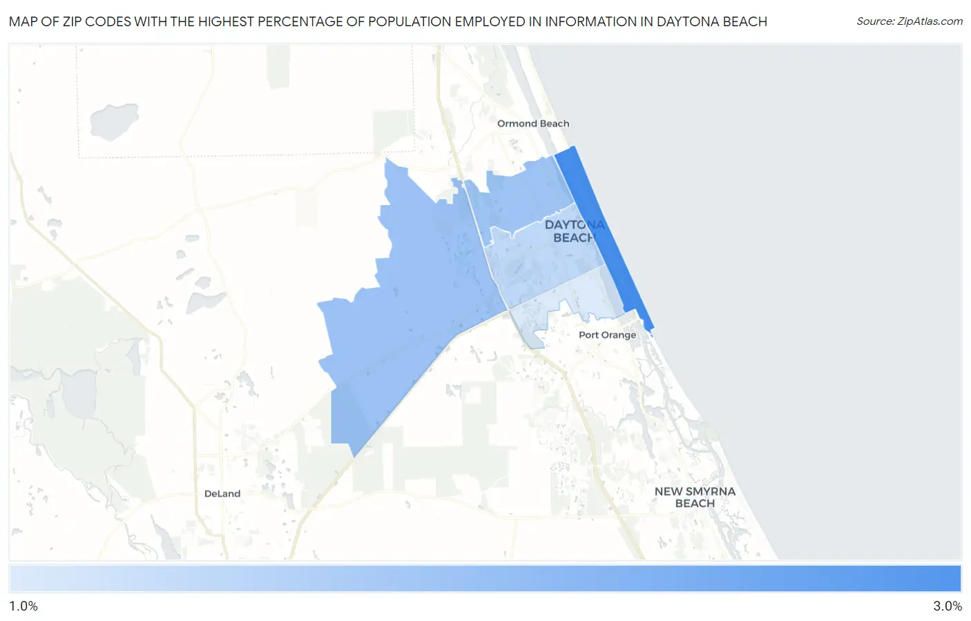 Zip Codes with the Highest Percentage of Population Employed in Information in Daytona Beach Map