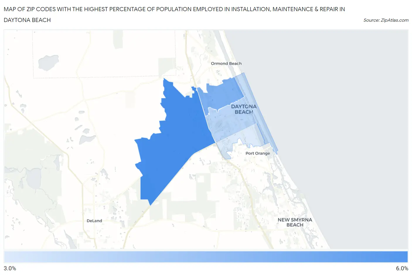 Zip Codes with the Highest Percentage of Population Employed in Installation, Maintenance & Repair in Daytona Beach Map