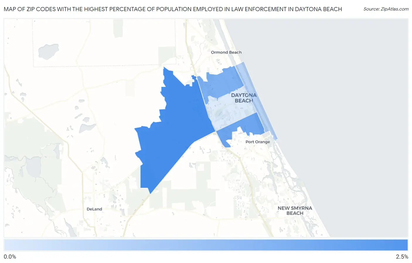 Zip Codes with the Highest Percentage of Population Employed in Law Enforcement in Daytona Beach Map