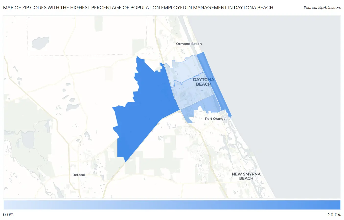 Zip Codes with the Highest Percentage of Population Employed in Management in Daytona Beach Map