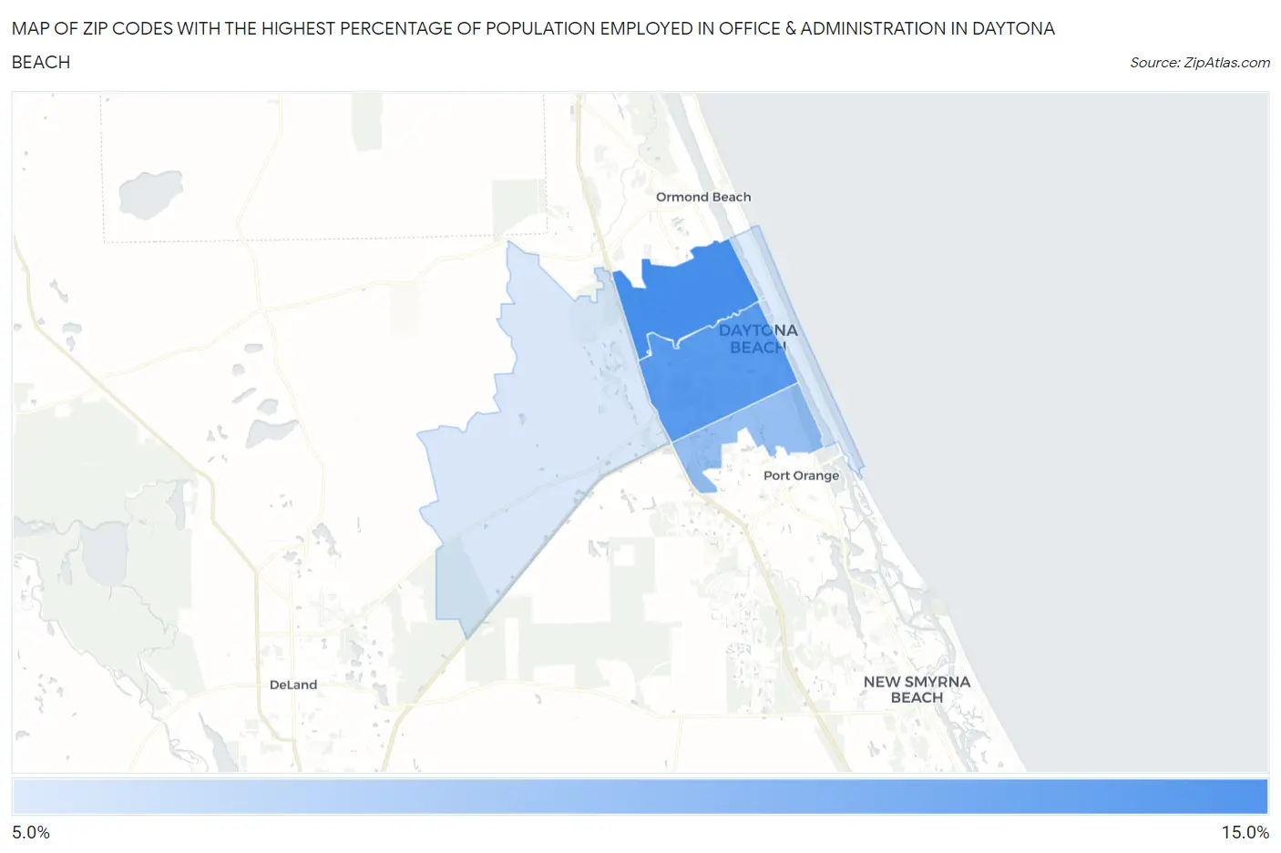 Zip Codes with the Highest Percentage of Population Employed in Office & Administration in Daytona Beach Map