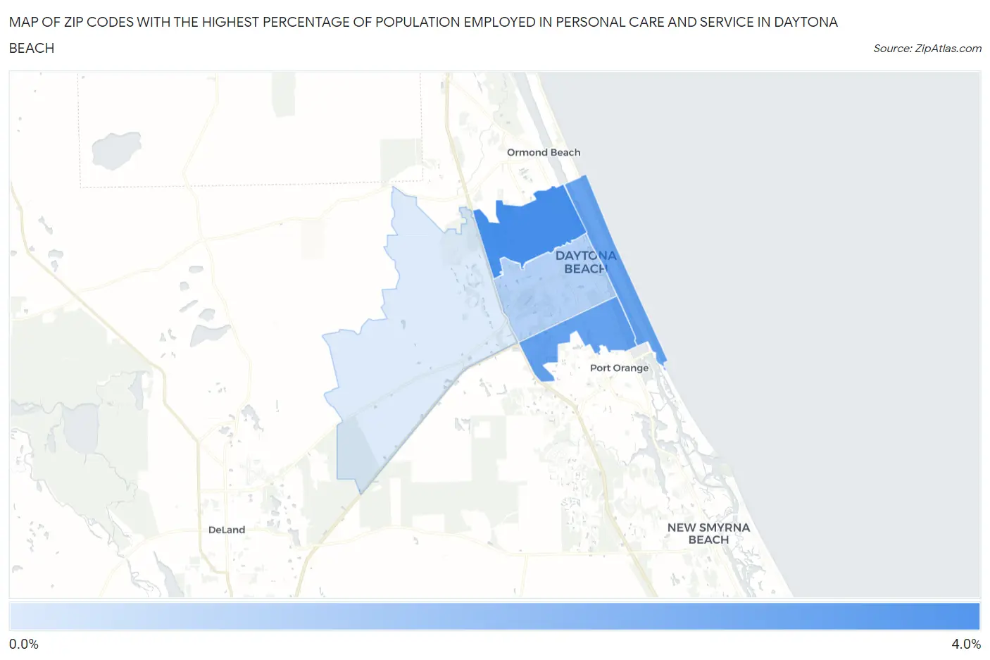 Zip Codes with the Highest Percentage of Population Employed in Personal Care and Service in Daytona Beach Map