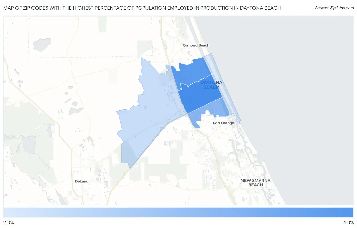 Zip Codes with the Highest Percentage of Population Employed in Production in Daytona Beach Map