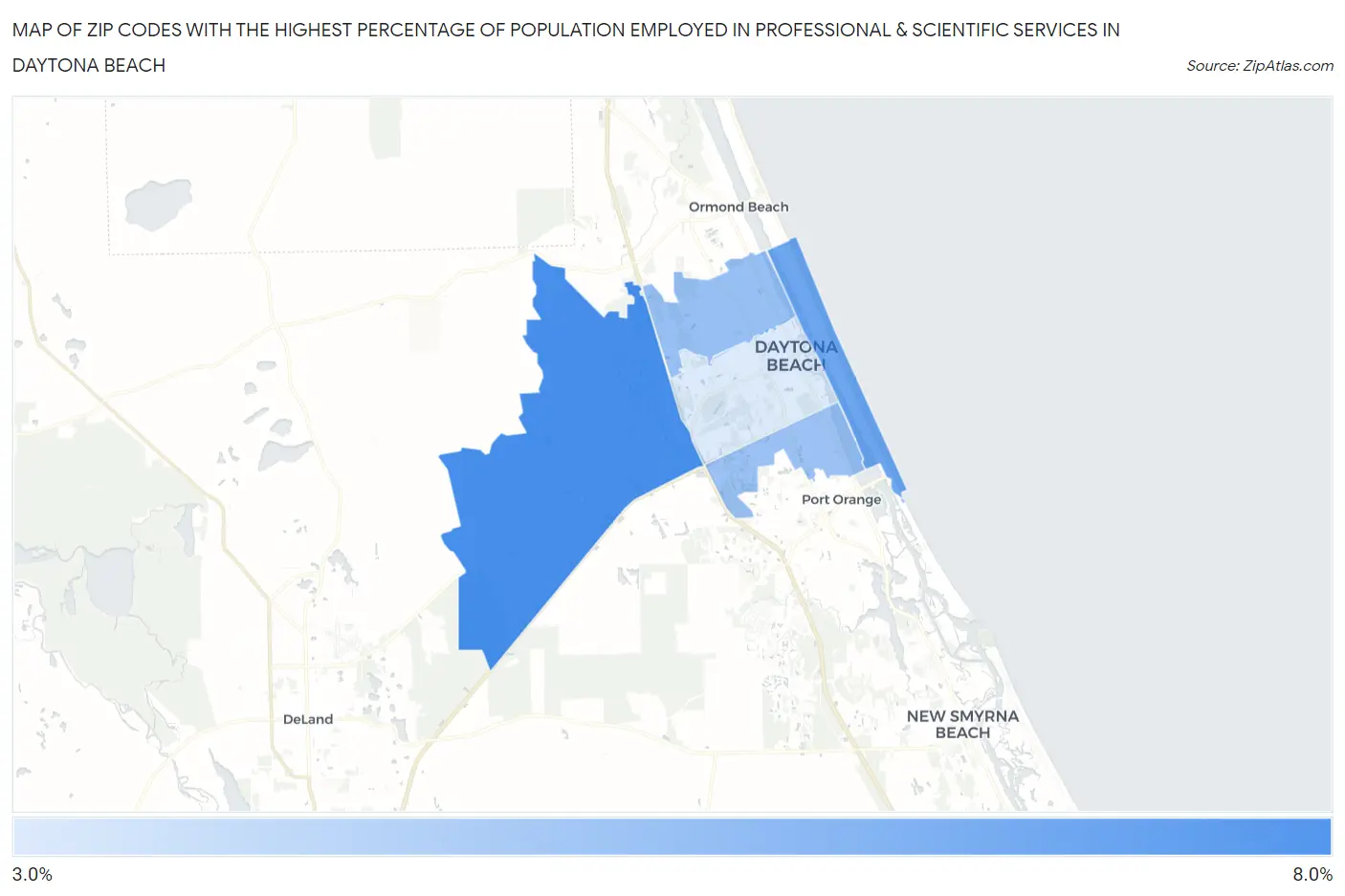 Zip Codes with the Highest Percentage of Population Employed in Professional & Scientific Services in Daytona Beach Map