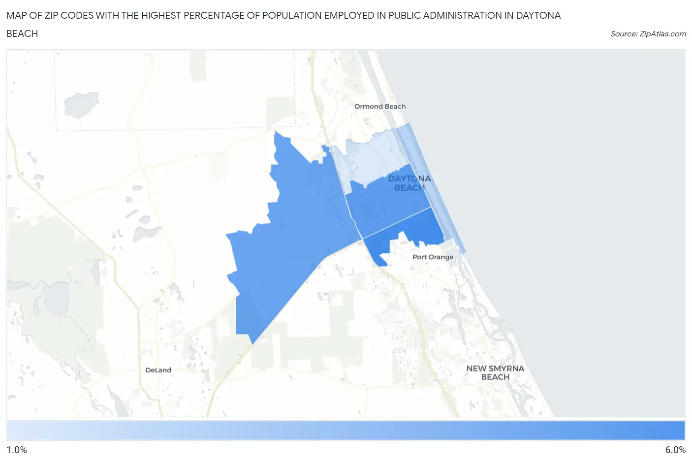Zip Codes with the Highest Percentage of Population Employed in Public Administration in Daytona Beach Map